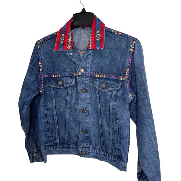 Vintage Denim Jean Trucker Jacket Womens Small Aztec Western Rodeo Southwestern - Picture 10 of 12